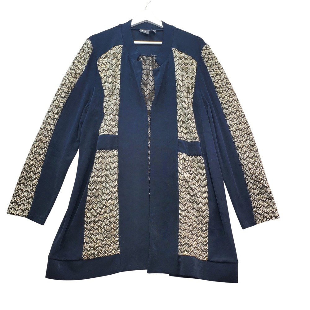 Chico's 3 Travelers Cardigan Womens XL Black Gold Metallic Woven Open SlinkyKnit
